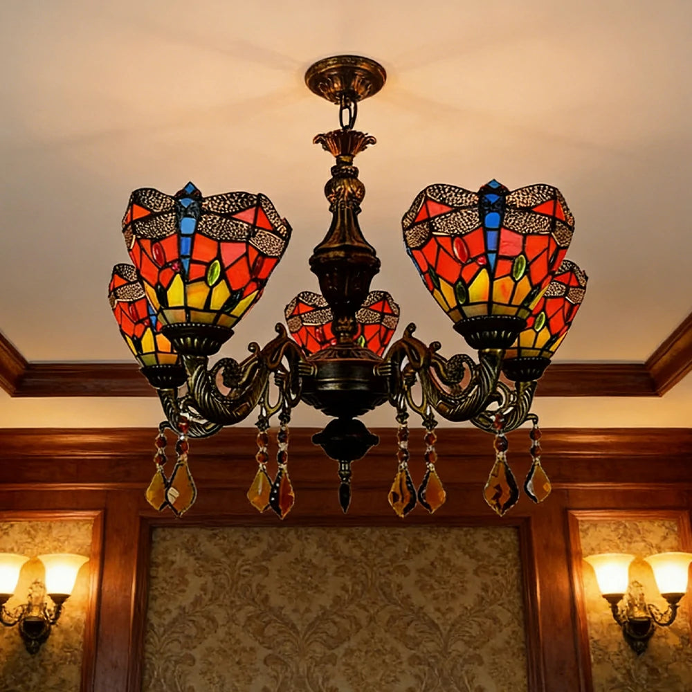 LIVARA 5-Light Stained Glass Chandelier Vintage Pendant Light Adjustable Chain 60x80cm Red Dragonfly Pattern Design for Dining Living Room