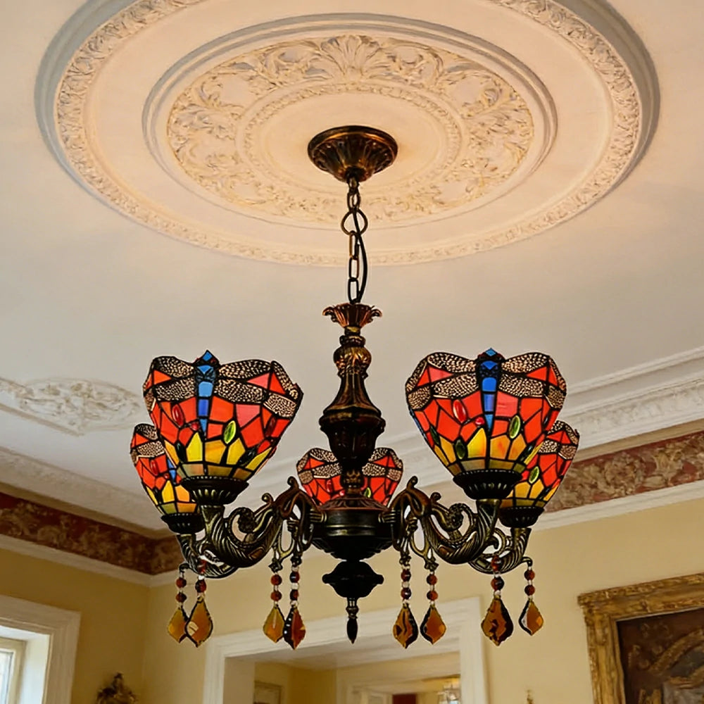 LIVARA 5-Light Stained Glass Chandelier Vintage Pendant Light Adjustable Chain 60x80cm Red Dragonfly Pattern Design for Dining Living Room