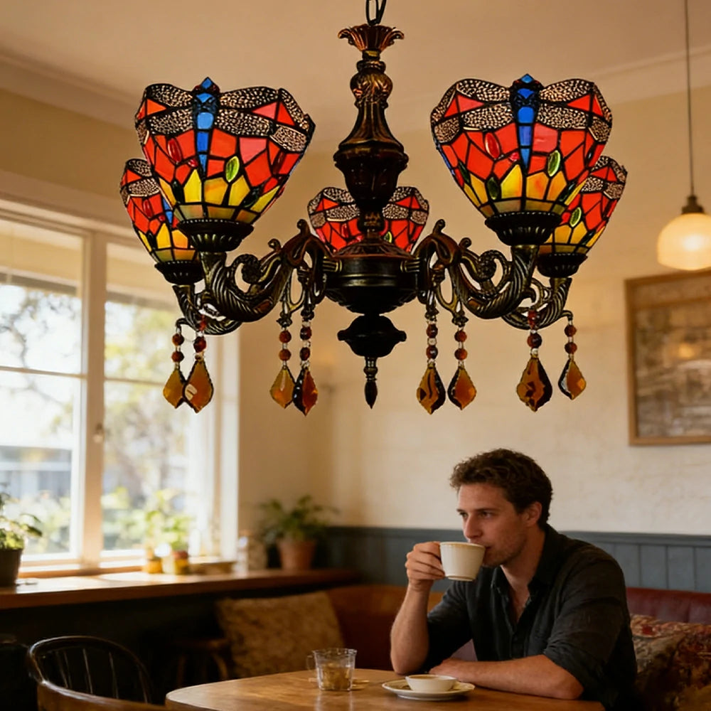 LIVARA 5-Light Stained Glass Chandelier Vintage Pendant Light Adjustable Chain 60x80cm Red Dragonfly Pattern Design for Dining Living Room