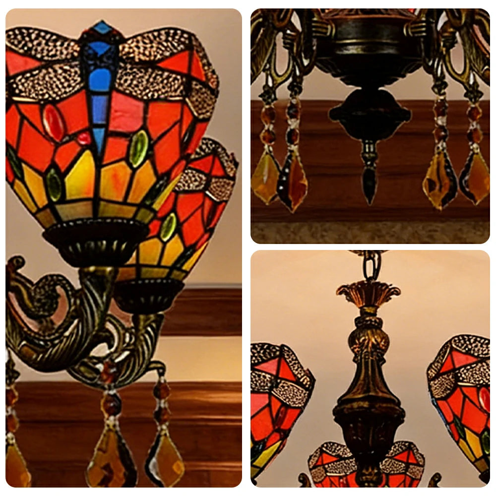 LIVARA 5-Light Stained Glass Chandelier Vintage Pendant Light Adjustable Chain 60x80cm Red Dragonfly Pattern Design for Dining Living Room