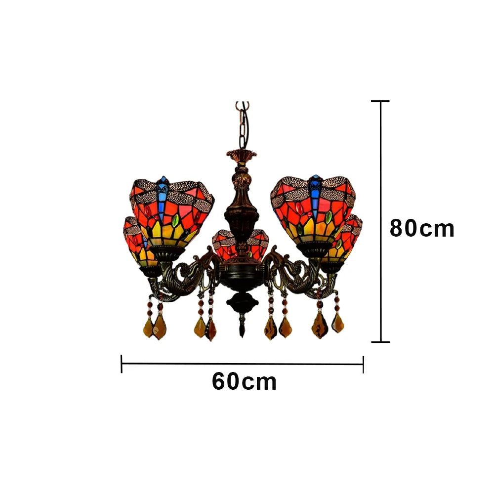 LIVARA 5-Light Stained Glass Chandelier Vintage Pendant Light Adjustable Chain 60x80cm Red Dragonfly Pattern Design for Dining Living Room