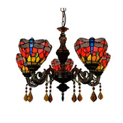 LIVARA 5-Light Stained Glass Chandelier Vintage Pendant Light Adjustable Chain 60x80cm Red Dragonfly Pattern Design for Dining Living Room