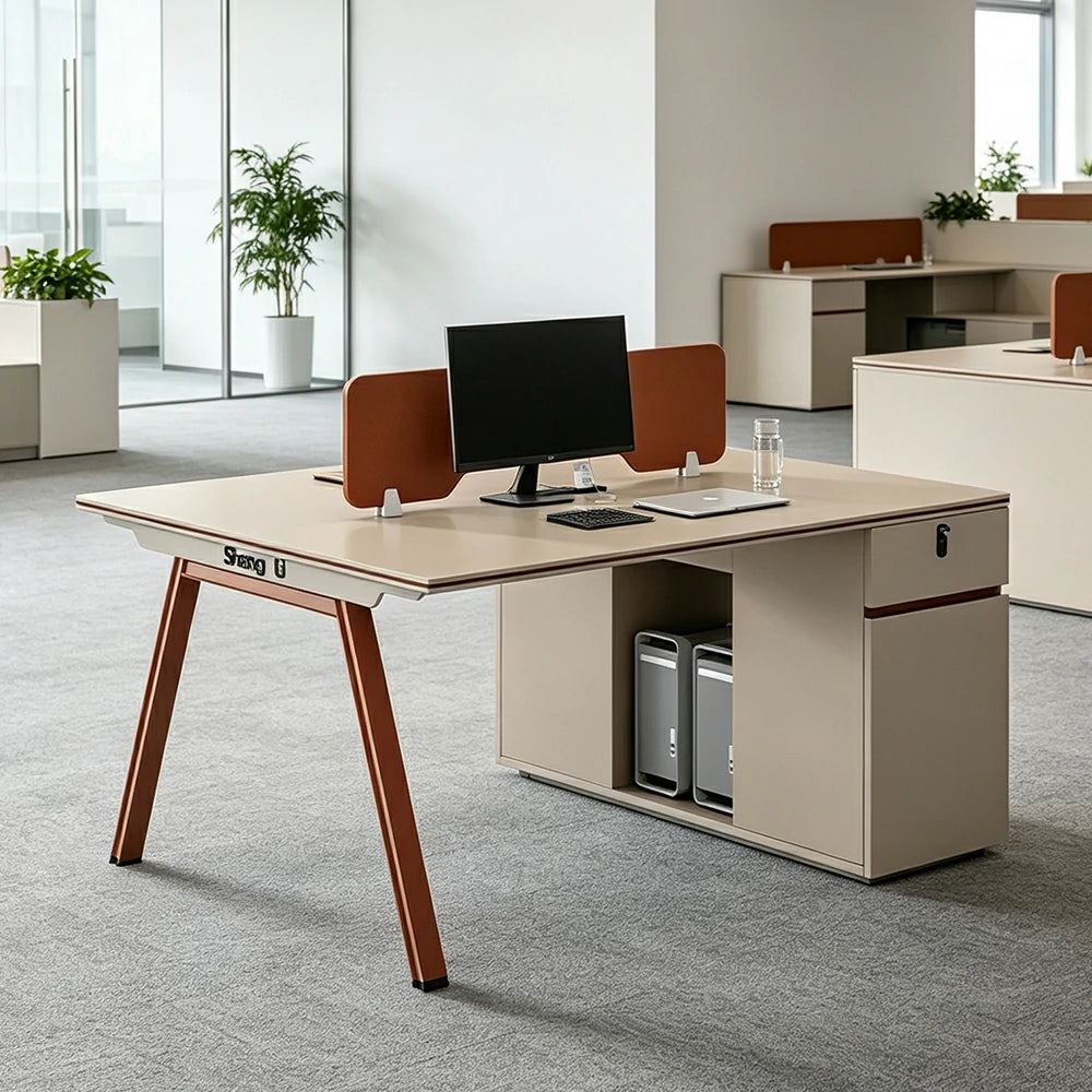 LIVARA 120/140cm Face-to-Face 2 Person Office Workstation, Acoustic Divider, Plug-and-Play Power Socket, Lock Side Cabinet - Apricot & Russet Orange