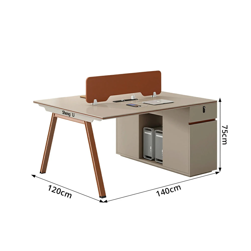 LIVARA 120/140cm Face-to-Face 2 Person Office Workstation, Acoustic Divider, Plug-and-Play Power Socket, Lock Side Cabinet - Apricot & Russet Orange