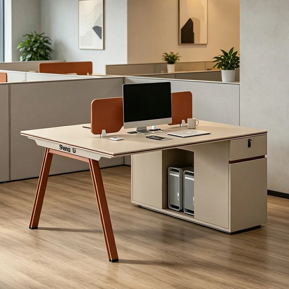 LIVARA 120/140cm Face-to-Face 2 Person Office Workstation, Acoustic Divider, Plug-and-Play Power Socket, Lock Side Cabinet - Apricot & Russet Orange