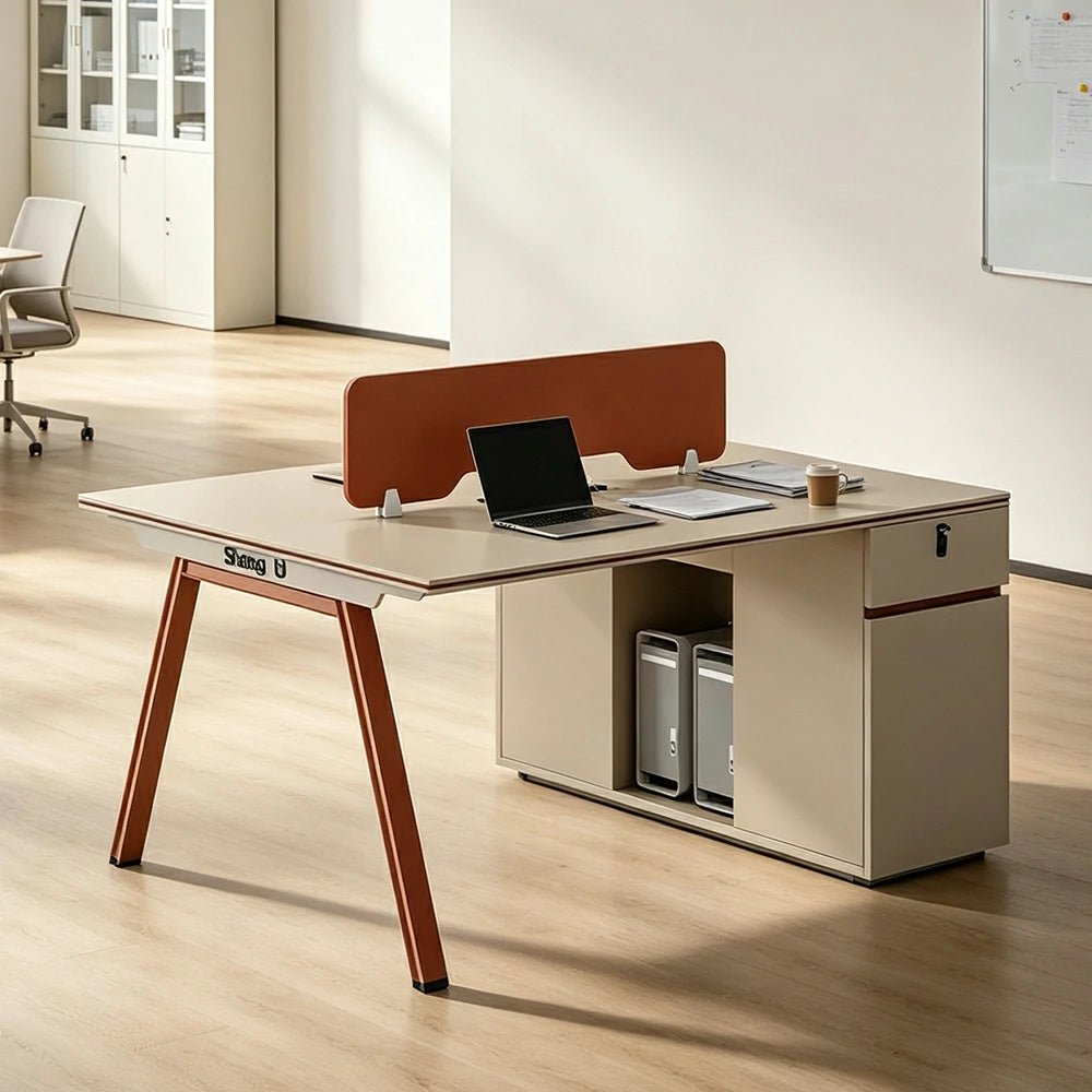 LIVARA 120/140cm Face-to-Face 2 Person Office Workstation, Acoustic Divider, Plug-and-Play Power Socket, Lock Side Cabinet - Apricot & Russet Orange