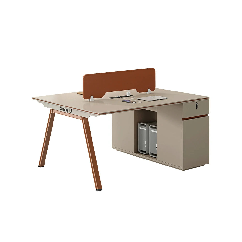 LIVARA 120/140cm Face-to-Face 2 Person Office Workstation, Acoustic Divider, Plug-and-Play Power Socket, Lock Side Cabinet - Apricot & Russet Orange