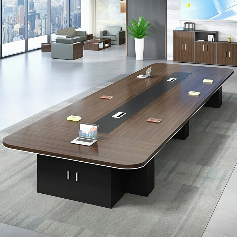 LIVARA 200/240/300cm Large Office Conference Table, 5cm Thick Wood Grain Desktop, Cable Hole & Under Storage Cabinet - Dark Walnut