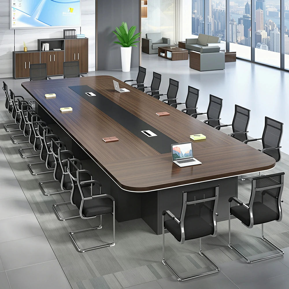 LIVARA 200/240/300cm Large Office Conference Table, 5cm Thick Wood Grain Desktop, Cable Hole & Under Storage Cabinet - Dark Walnut