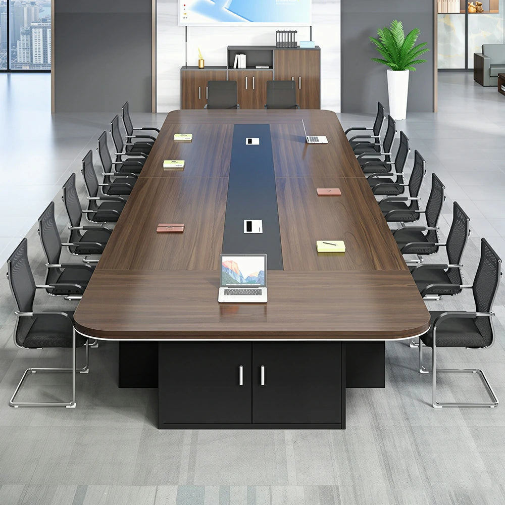 LIVARA 200/240/300cm Large Office Conference Table, 5cm Thick Wood Grain Desktop, Cable Hole & Under Storage Cabinet - Dark Walnut