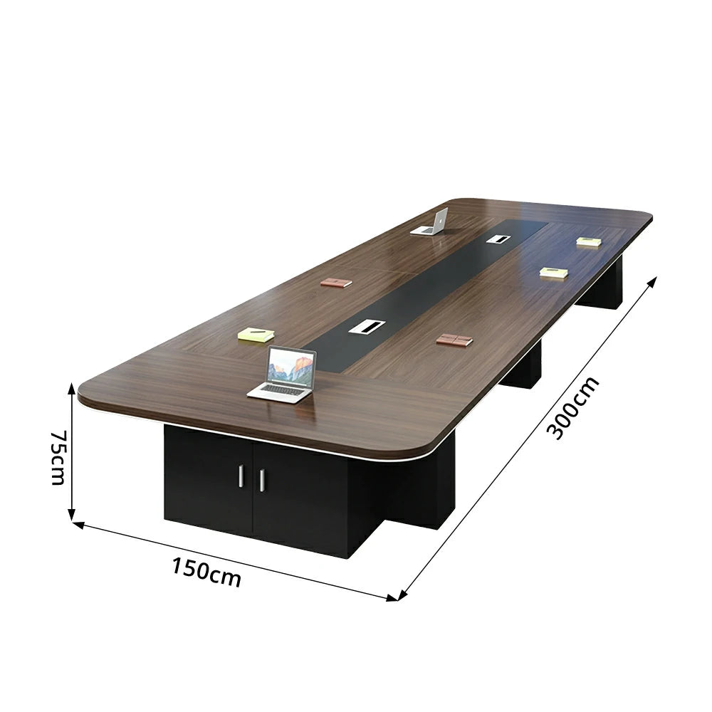 LIVARA 200/240/300cm Large Office Conference Table, 5cm Thick Wood Grain Desktop, Cable Hole & Under Storage Cabinet - Dark Walnut