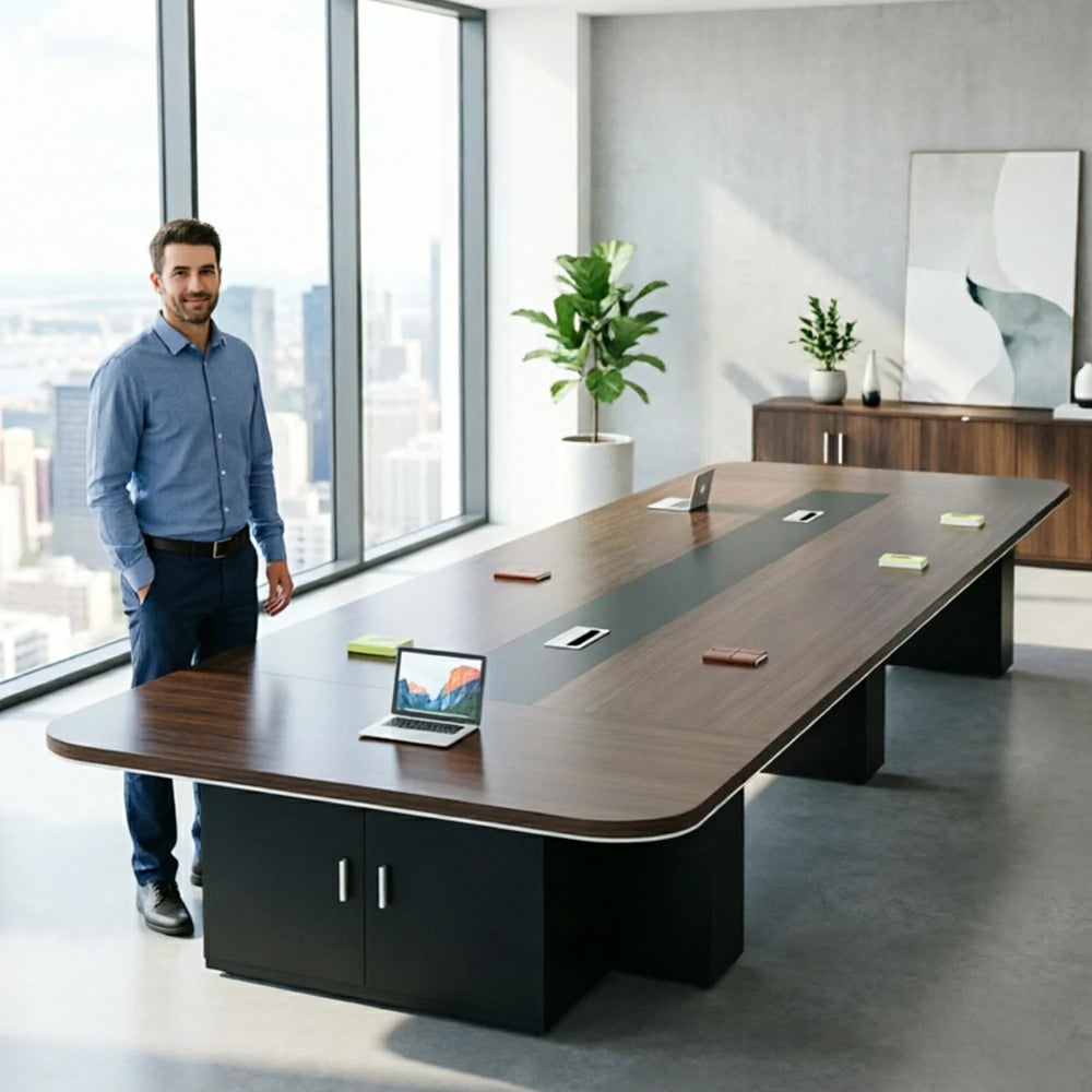 LIVARA 200/240/300cm Large Office Conference Table, 5cm Thick Wood Grain Desktop, Cable Hole & Under Storage Cabinet - Dark Walnut