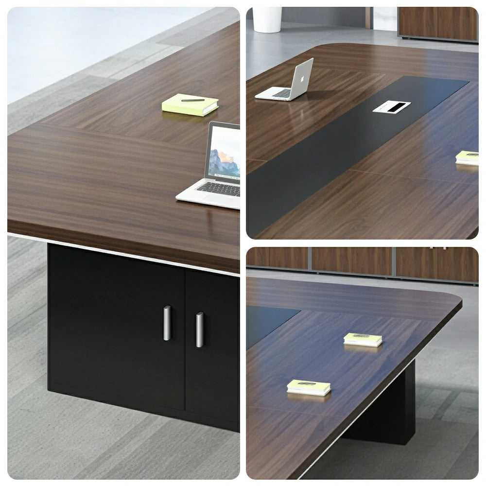 LIVARA 200/240/300cm Large Office Conference Table, 5cm Thick Wood Grain Desktop, Cable Hole & Under Storage Cabinet - Dark Walnut