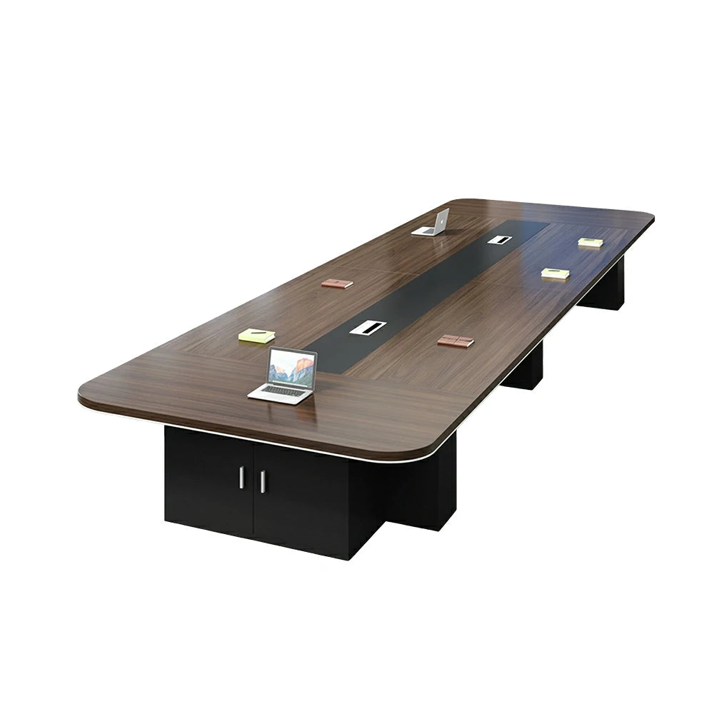 LIVARA 200/240/300cm Large Office Conference Table, 5cm Thick Wood Grain Desktop, Cable Hole & Under Storage Cabinet - Dark Walnut