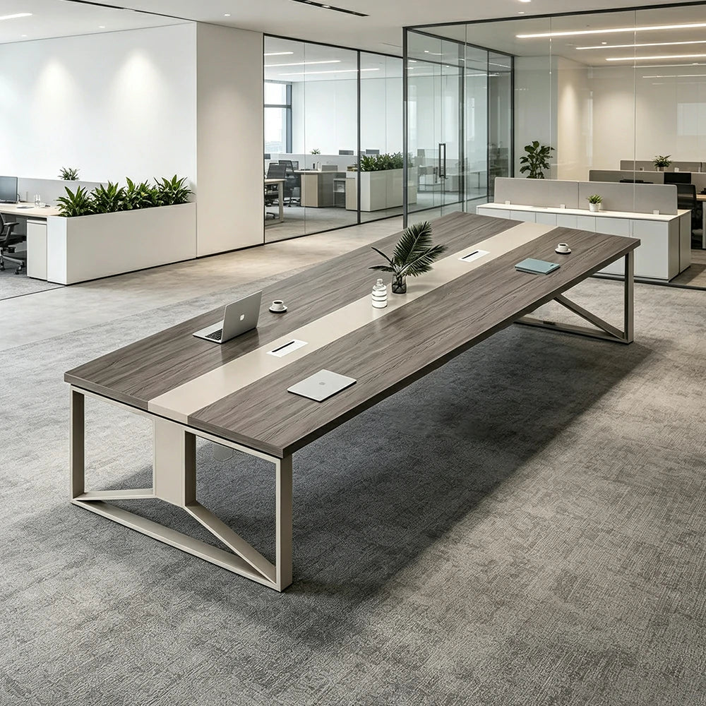 LIVARA 200cm Large Office Conference Table, 1.2mm Steel Frame, Color Block Wood Desktop, Cable Hole Design - Grey Wood Grain
