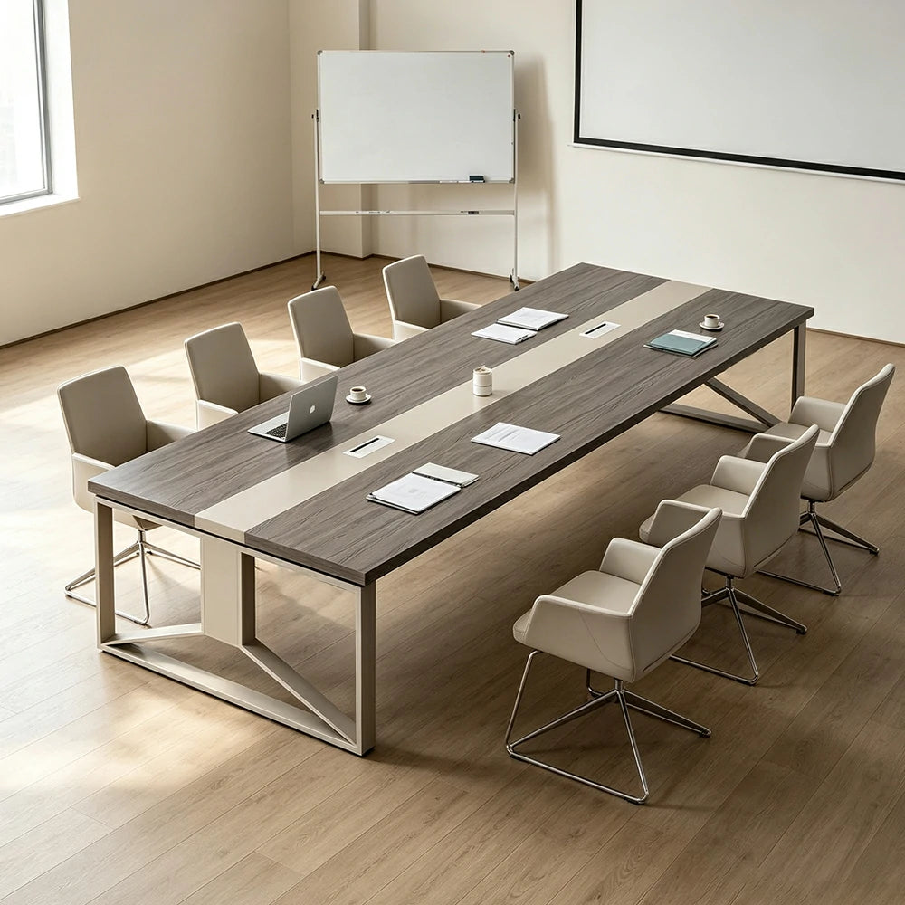 LIVARA 200cm Large Office Conference Table, 1.2mm Steel Frame, Color Block Wood Desktop, Cable Hole Design - Grey Wood Grain