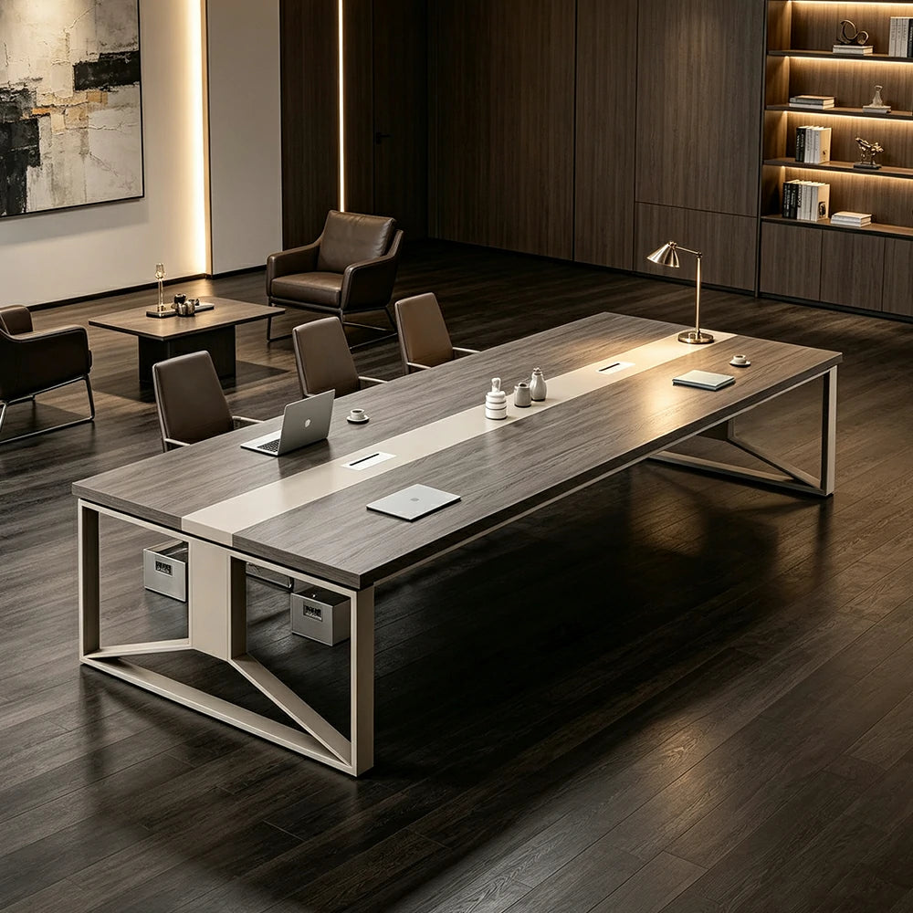 LIVARA 200cm Large Office Conference Table, 1.2mm Steel Frame, Color Block Wood Desktop, Cable Hole Design - Grey Wood Grain