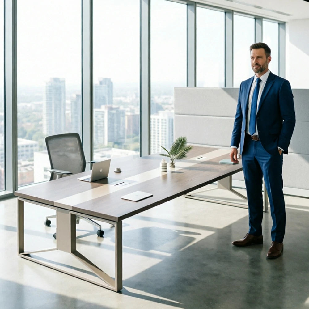 LIVARA 200cm Large Office Conference Table, 1.2mm Steel Frame, Color Block Wood Desktop, Cable Hole Design - Grey Wood Grain