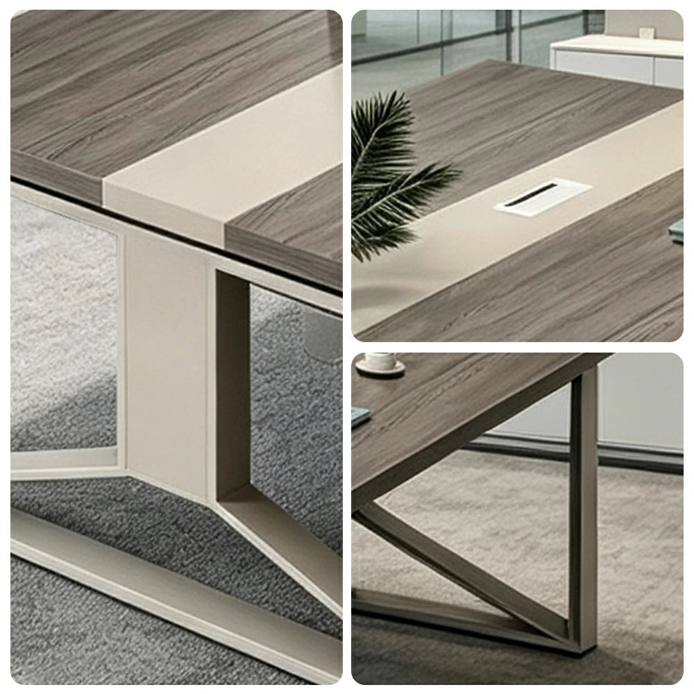 LIVARA 200cm Large Office Conference Table, 1.2mm Steel Frame, Color Block Wood Desktop, Cable Hole Design - Grey Wood Grain