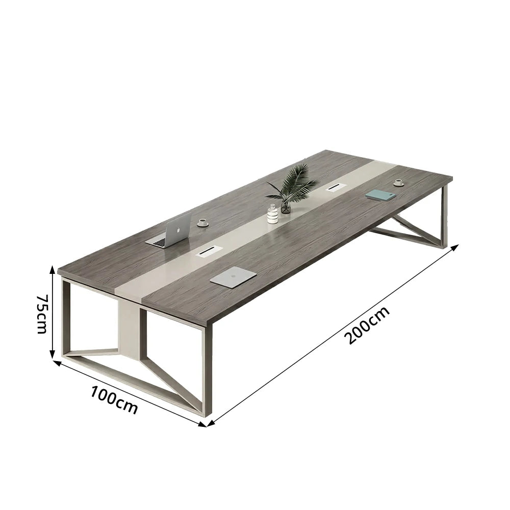 LIVARA 200cm Large Office Conference Table, 1.2mm Steel Frame, Color Block Wood Desktop, Cable Hole Design - Grey Wood Grain