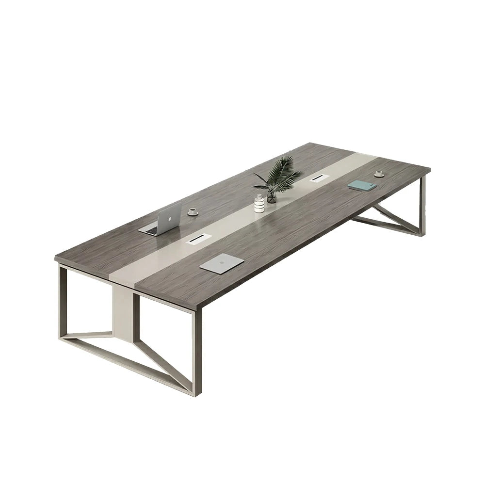 LIVARA 200cm Large Office Conference Table, 1.2mm Steel Frame, Color Block Wood Desktop, Cable Hole Design - Grey Wood Grain