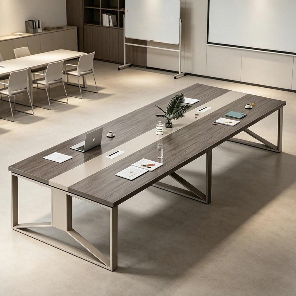 LIVARA 240cm Large Office Conference Table with Steel Frame & Cable Management for Meeting Rooms, Table Only - Grey Wood Grain