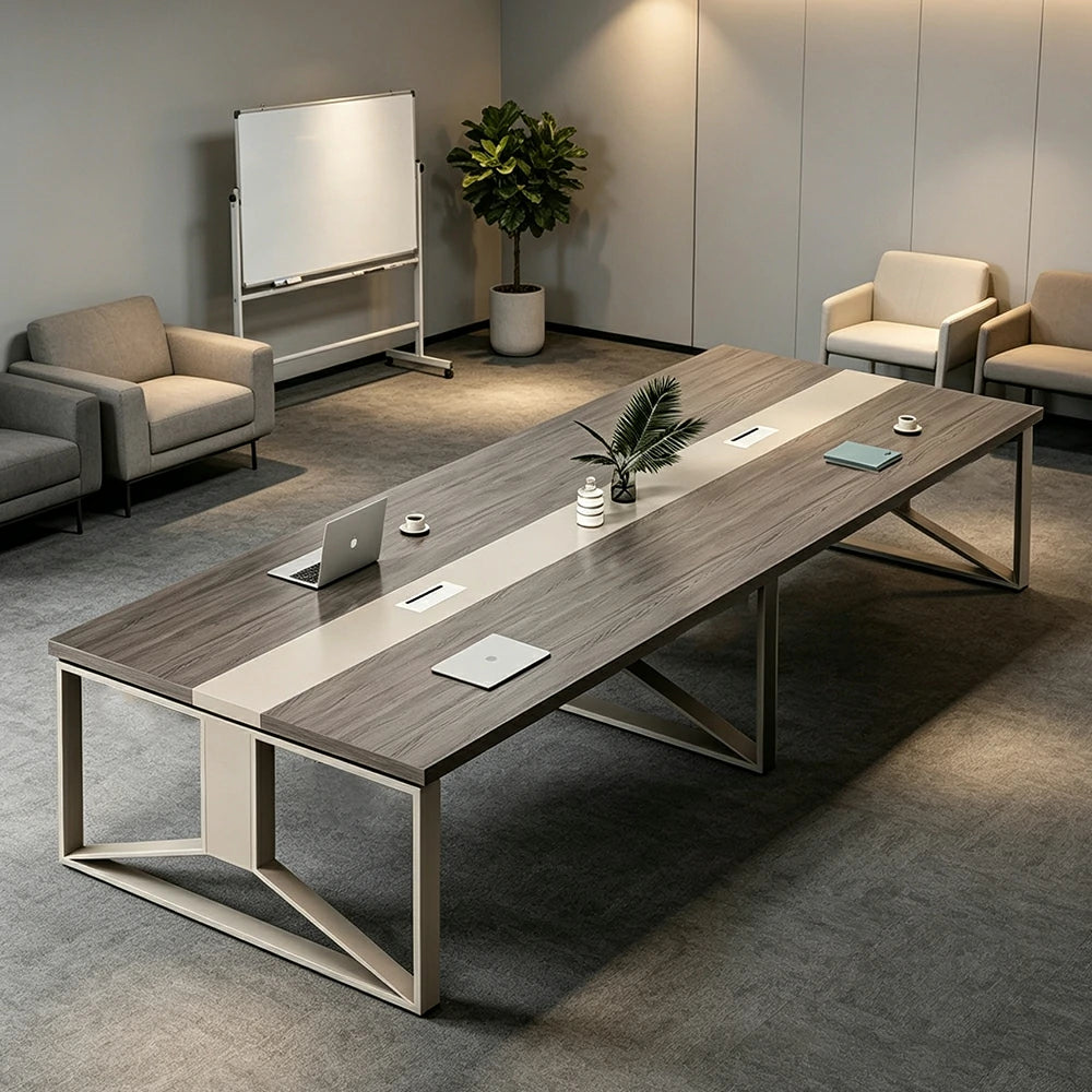 LIVARA 240cm Large Office Conference Table with Steel Frame & Cable Management for Meeting Rooms, Table Only - Grey Wood Grain