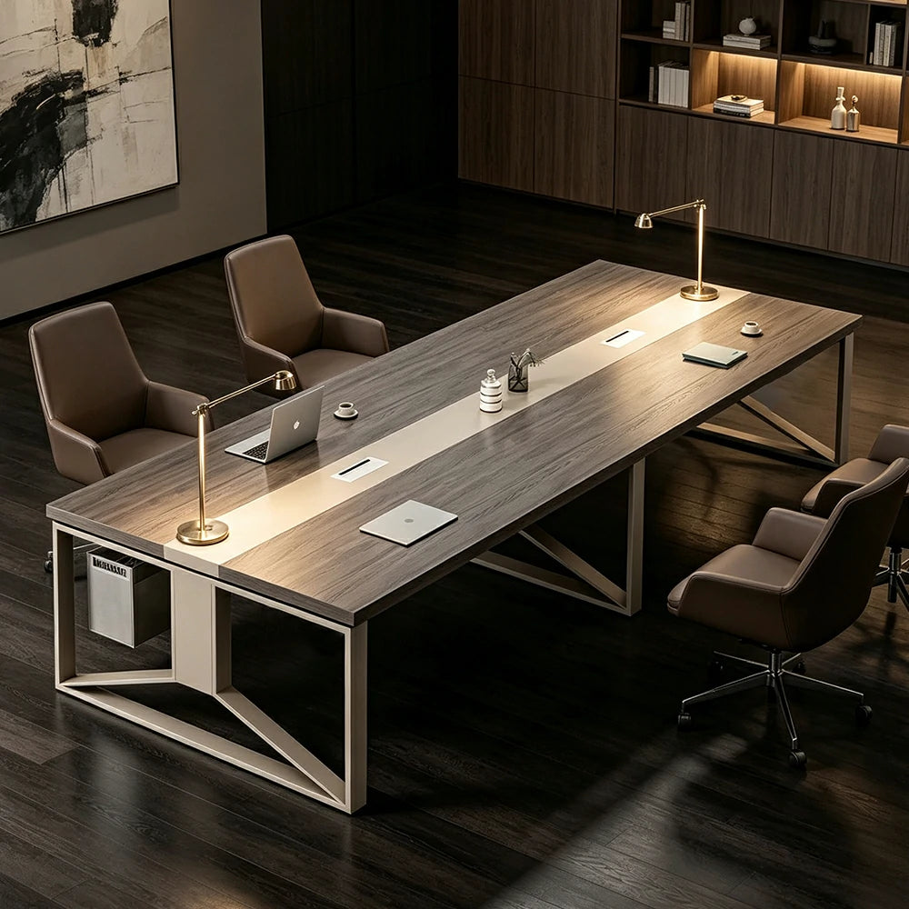 LIVARA 240cm Large Office Conference Table with Steel Frame & Cable Management for Meeting Rooms, Table Only - Grey Wood Grain