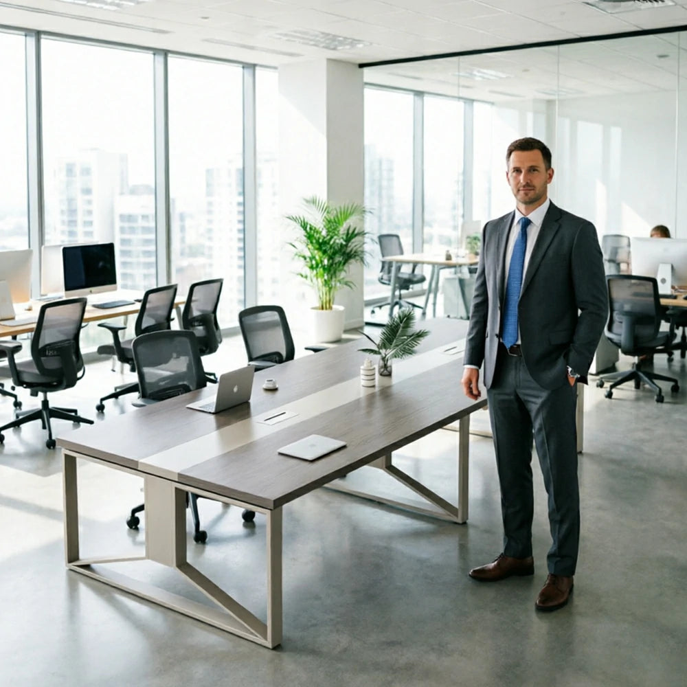 LIVARA 240cm Large Office Conference Table with Steel Frame & Cable Management for Meeting Rooms, Table Only - Grey Wood Grain