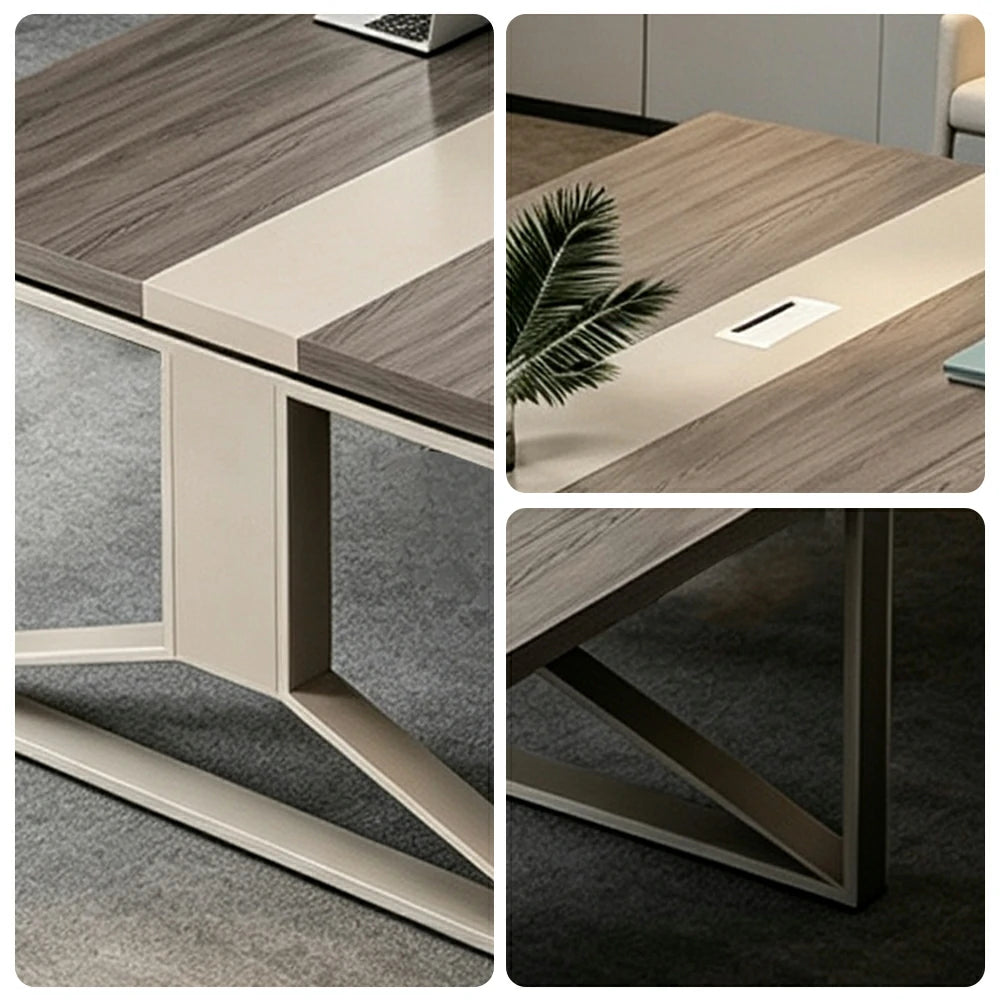 LIVARA 240cm Large Office Conference Table with Steel Frame & Cable Management for Meeting Rooms, Table Only - Grey Wood Grain