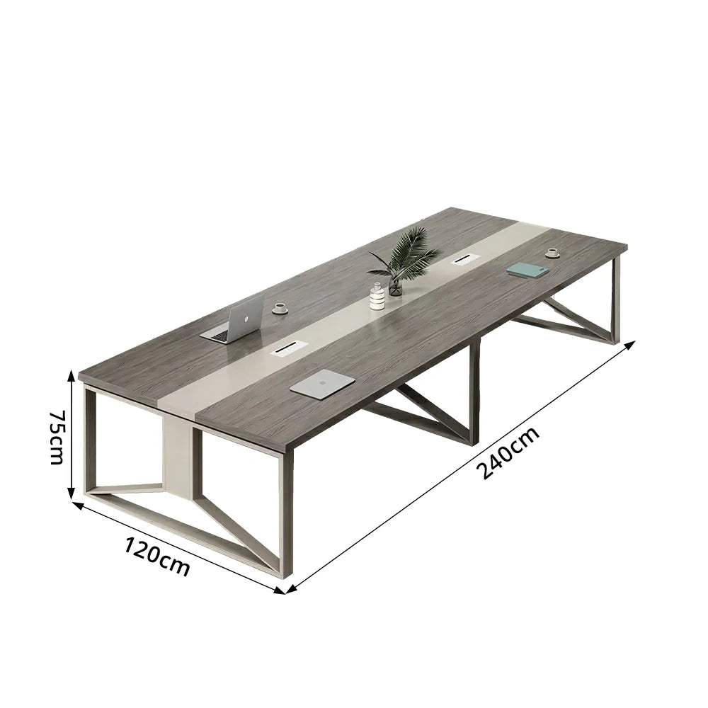 LIVARA 240cm Large Office Conference Table with Steel Frame & Cable Management for Meeting Rooms, Table Only - Grey Wood Grain