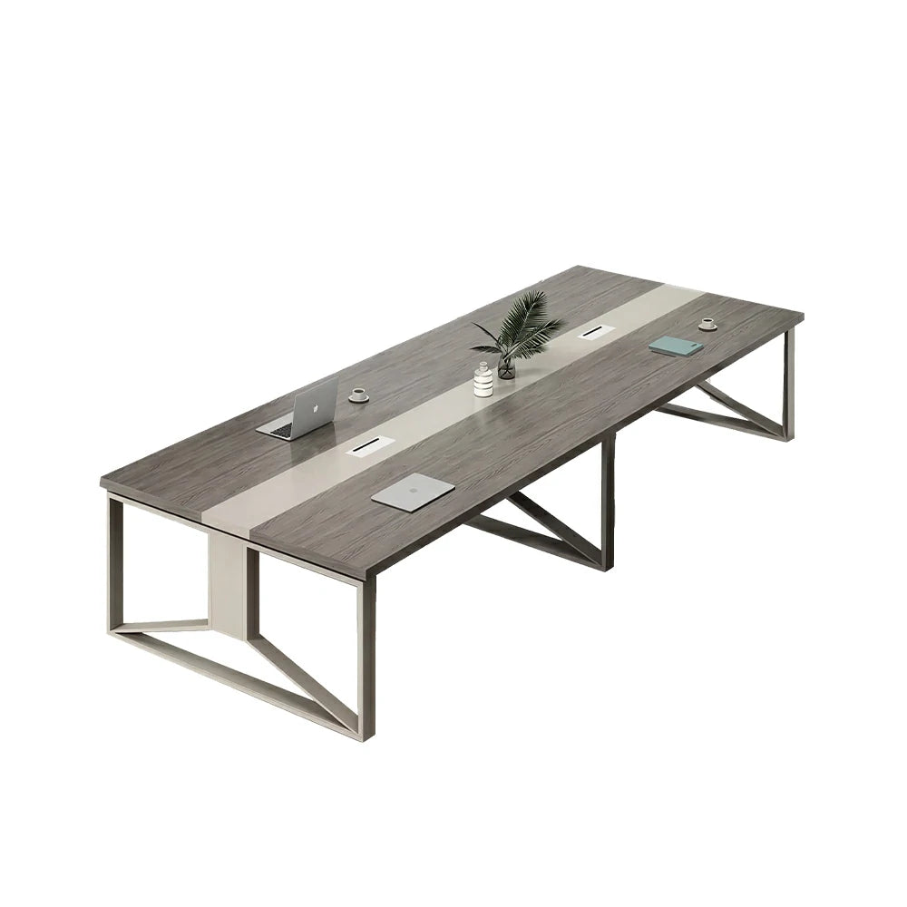 LIVARA 240cm Large Office Conference Table with Steel Frame & Cable Management for Meeting Rooms, Table Only - Grey Wood Grain