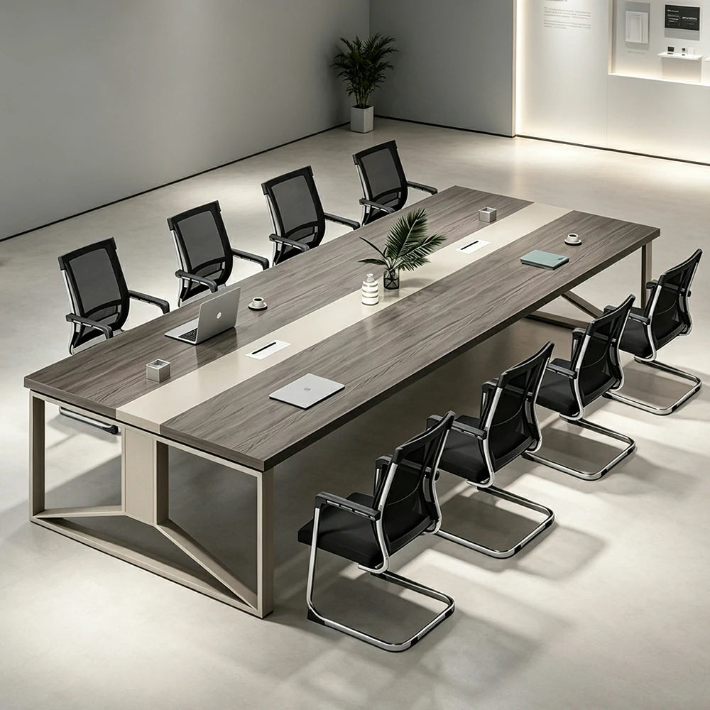 LIVARA 200cm Office Conference Table & 6 Chairs Set with Steel Frame & Cable Management for Meeting Rooms - Grey Wood Grain & Black