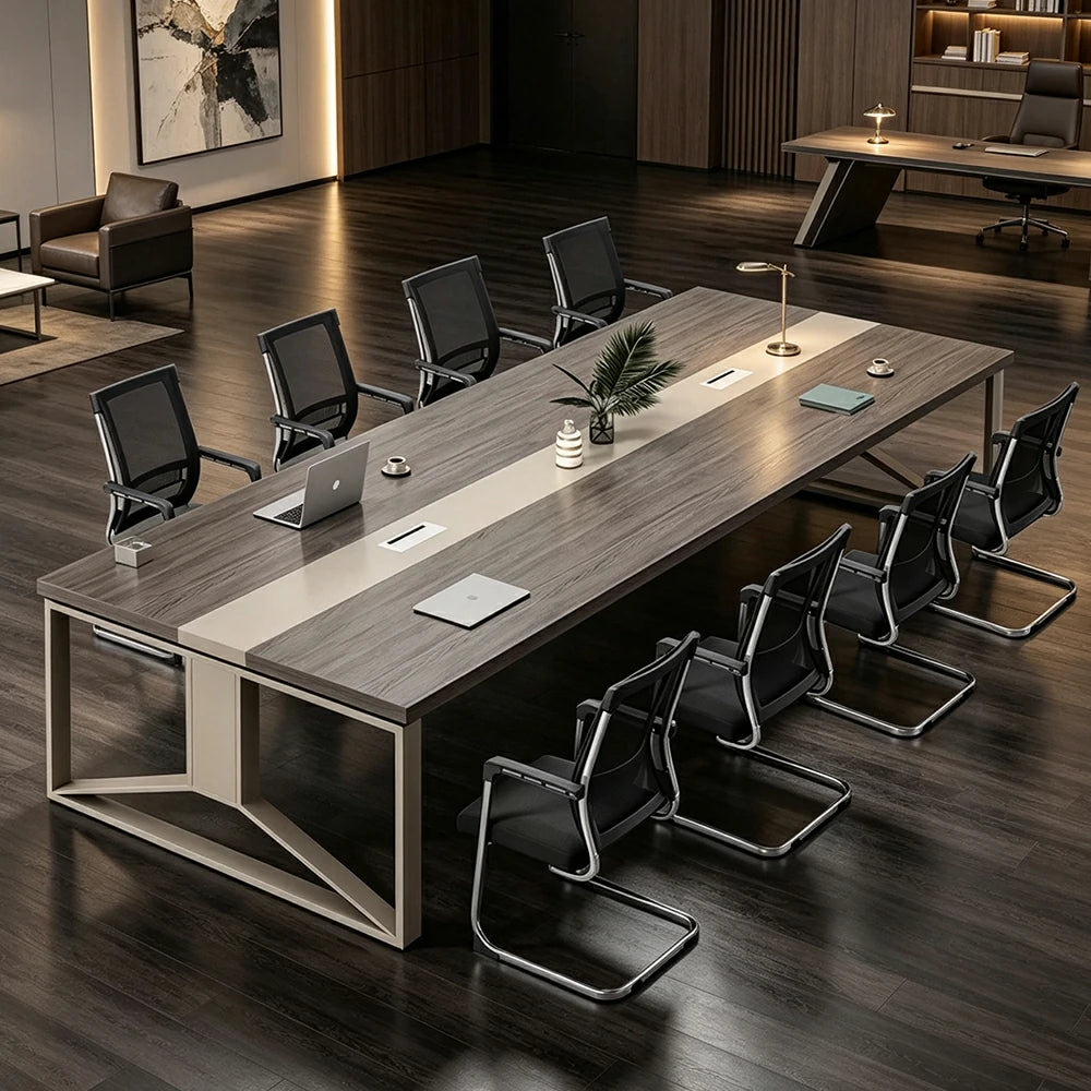 LIVARA 200cm Office Conference Table & 6 Chairs Set with Steel Frame & Cable Management for Meeting Rooms - Grey Wood Grain & Black