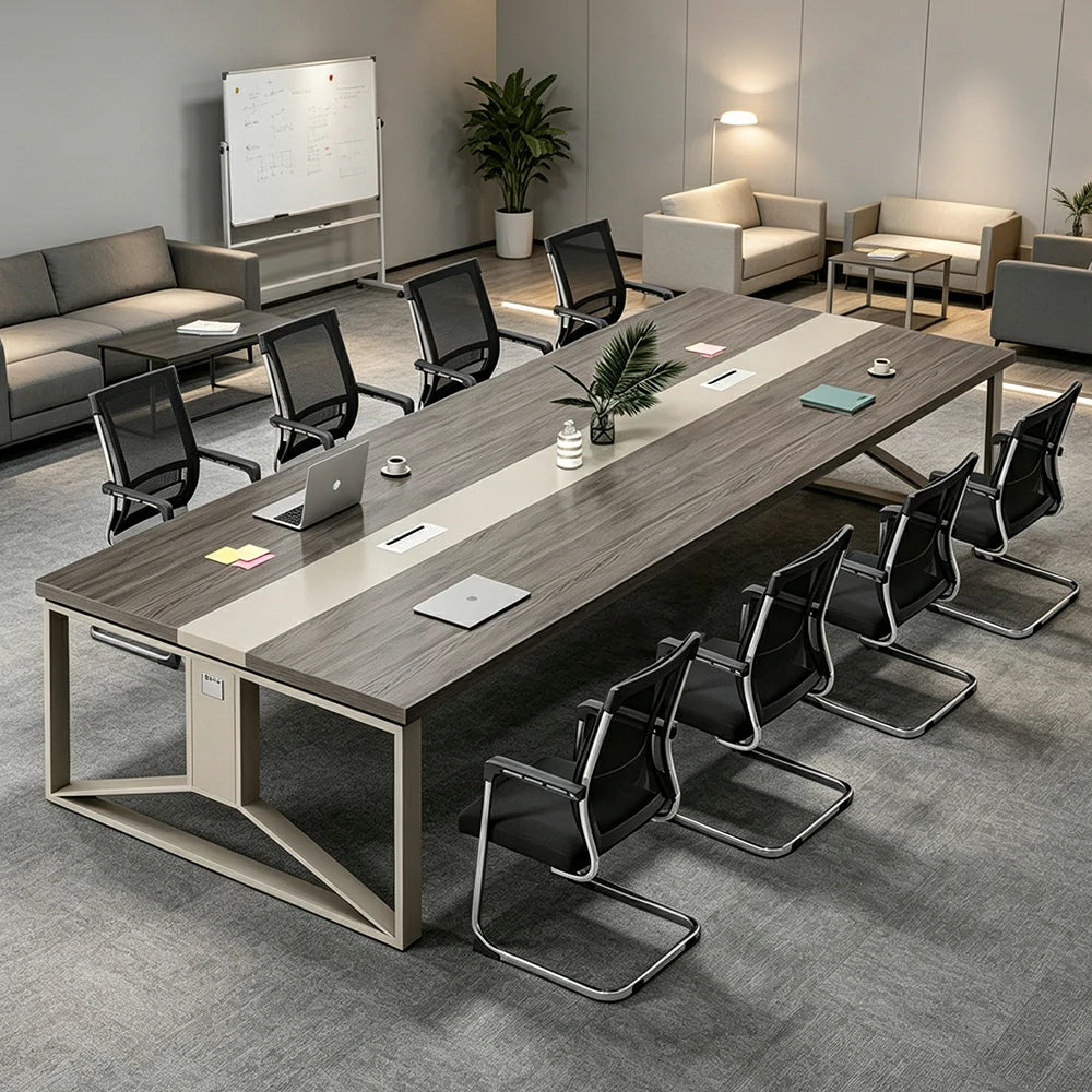 LIVARA 200cm Office Conference Table & 6 Chairs Set with Steel Frame & Cable Management for Meeting Rooms - Grey Wood Grain & Black
