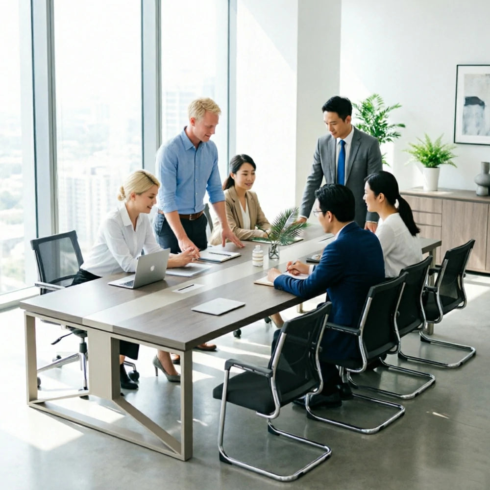 LIVARA 200cm Office Conference Table & 6 Chairs Set with Steel Frame & Cable Management for Meeting Rooms - Grey Wood Grain & Black