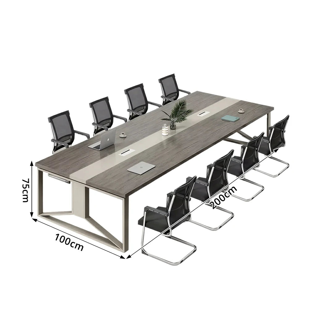 LIVARA 200cm Office Conference Table & 6 Chairs Set with Steel Frame & Cable Management for Meeting Rooms - Grey Wood Grain & Black