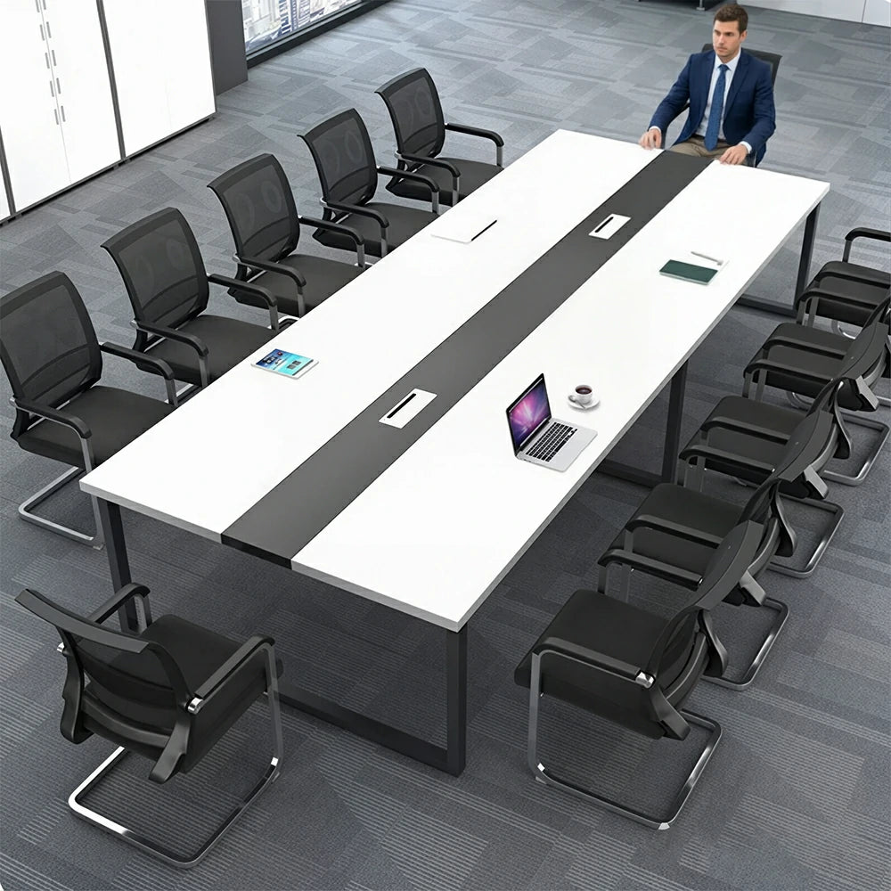 LIVARA 200/240cm Office Conference Table with 25mm Desktop, Steel Frame & Cable Management - White
