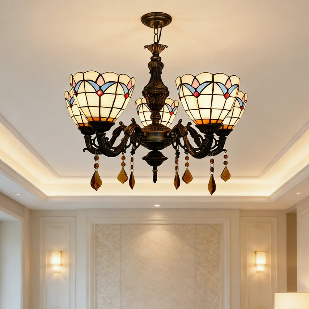 LIVARA 5-Light Stained Glass Chandelier Vintage Pendant Light Adjustable Chain 60x80cm Magnolia Flower Pattern Design for Dining Living Room