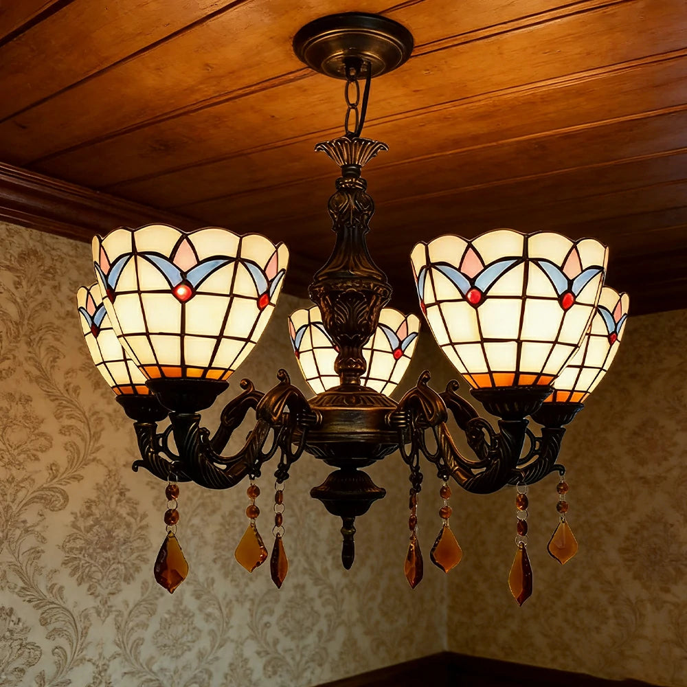 LIVARA 5-Light Stained Glass Chandelier Vintage Pendant Light Adjustable Chain 60x80cm Magnolia Flower Pattern Design for Dining Living Room