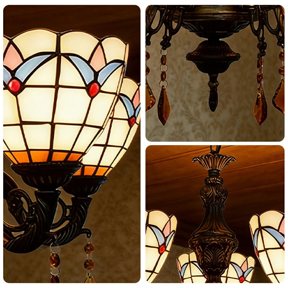 LIVARA 5-Light Stained Glass Chandelier Vintage Pendant Light Adjustable Chain 60x80cm Magnolia Flower Pattern Design for Dining Living Room