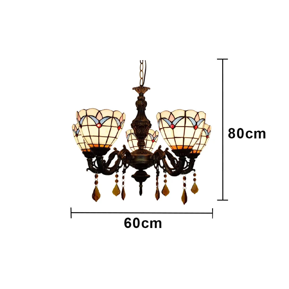 LIVARA 5-Light Stained Glass Chandelier Vintage Pendant Light Adjustable Chain 60x80cm Magnolia Flower Pattern Design for Dining Living Room