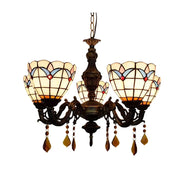 LIVARA 5-Light Stained Glass Chandelier Vintage Pendant Light Adjustable Chain 60x80cm Magnolia Flower Pattern Design for Dining Living Room