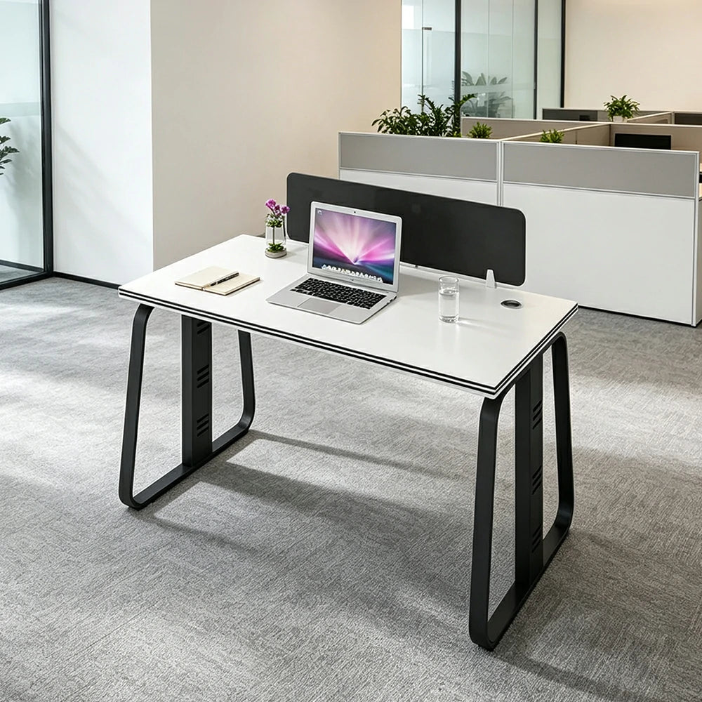 LIVARA 120cm Single Person Office Desk with Privacy Divider, Carbon Steel Frame & Cable Management, Cabinet & Chair Excluded - White & Black