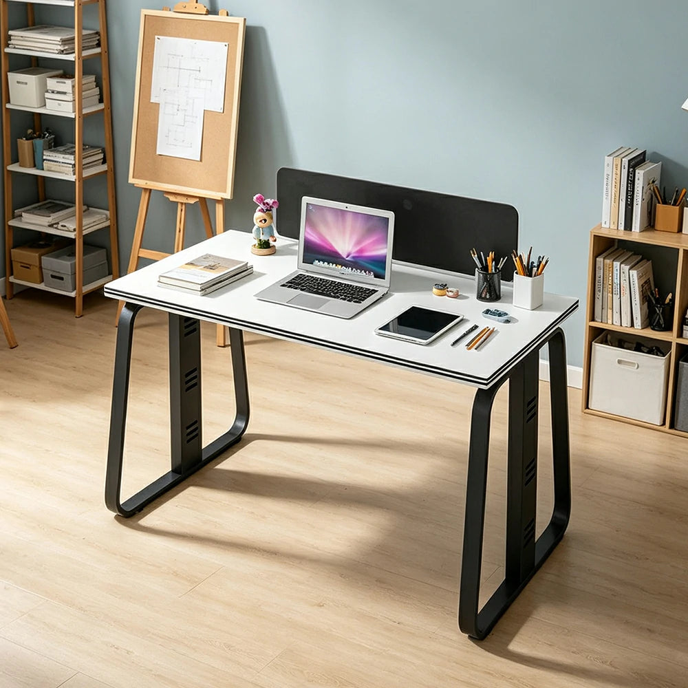 LIVARA 120cm Single Person Office Desk with Privacy Divider, Carbon Steel Frame & Cable Management, Cabinet & Chair Excluded - White & Black