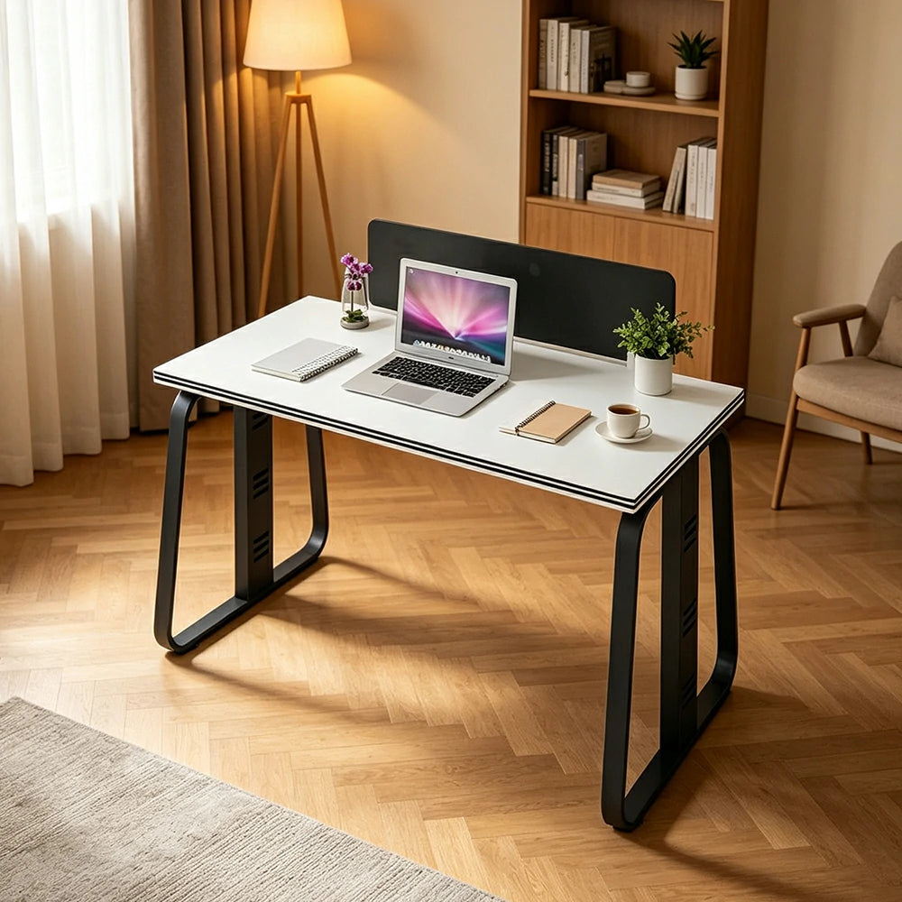 LIVARA 120cm Single Person Office Desk with Privacy Divider, Carbon Steel Frame & Cable Management, Cabinet & Chair Excluded - White & Black