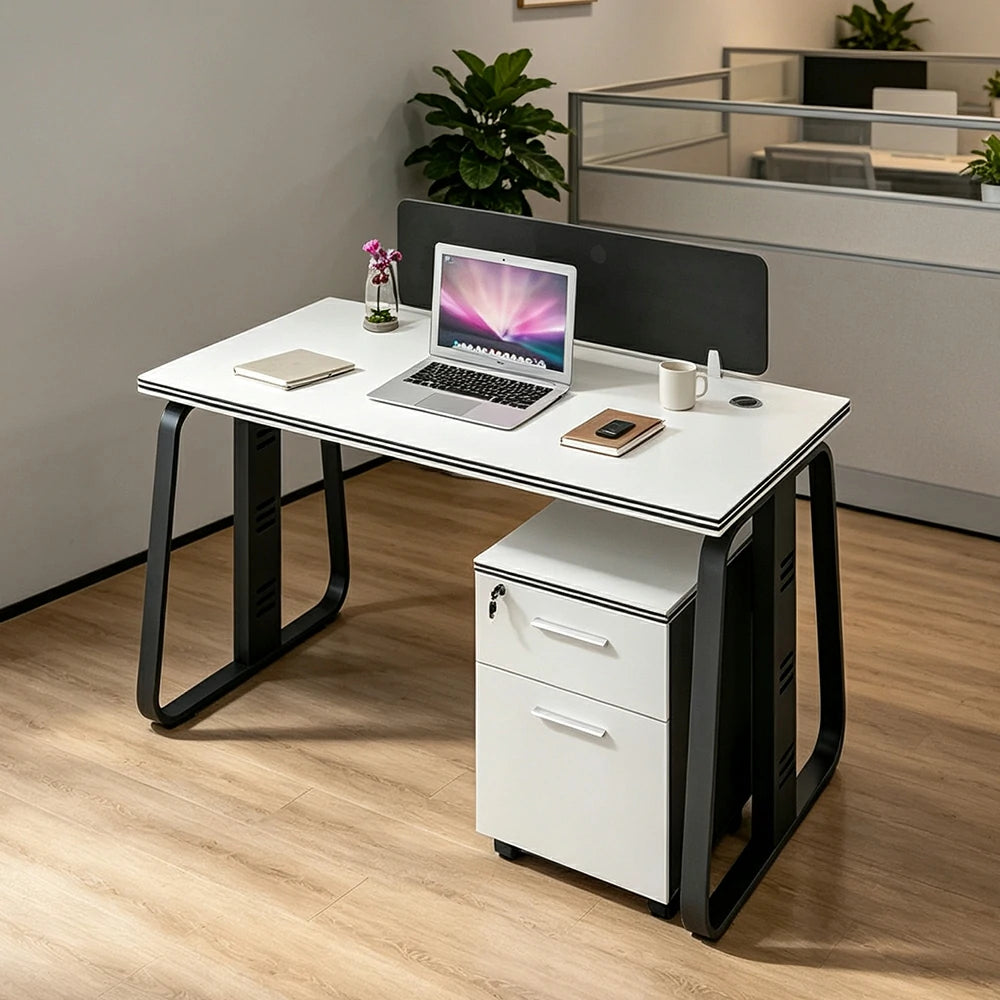 LIVARA 120cm Single Person Office Desk with Privacy Divider, Carbon Steel Frame, Cable Management & Lockable Mobile Cabinet - White & Black