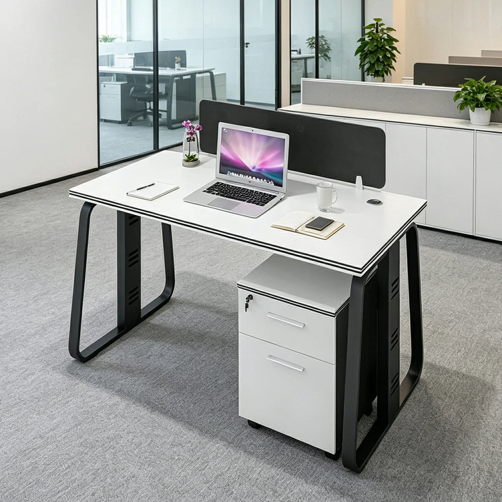 LIVARA 120cm Single Person Office Desk with Privacy Divider, Carbon Steel Frame, Cable Management & Lockable Mobile Cabinet - White & Black