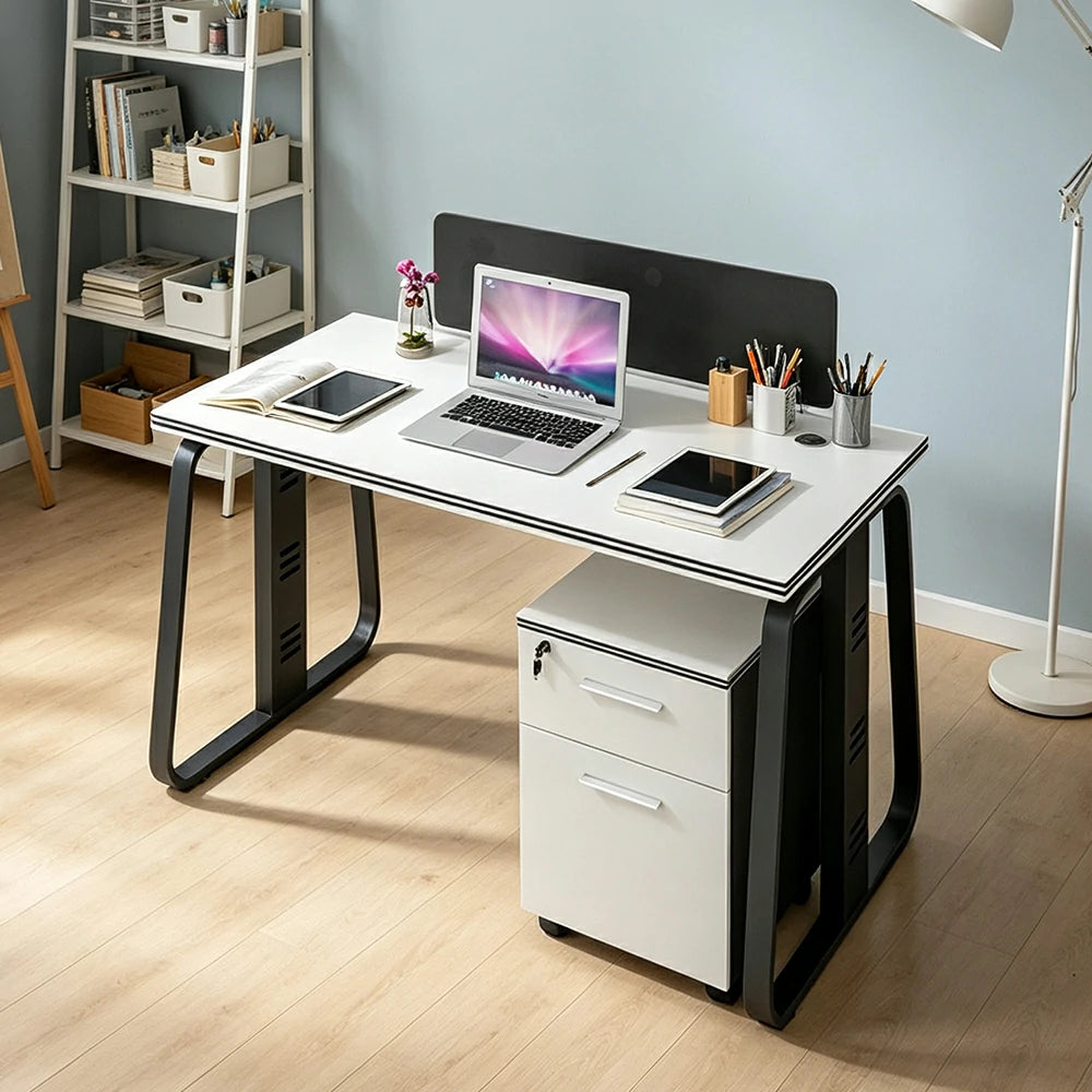LIVARA 120cm Single Person Office Desk with Privacy Divider, Carbon Steel Frame, Cable Management & Lockable Mobile Cabinet - White & Black