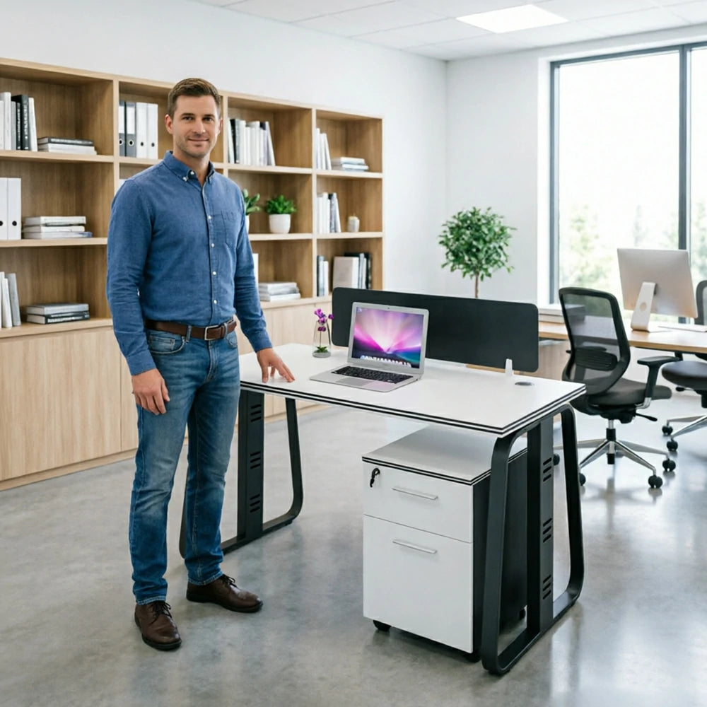 LIVARA 120cm Single Person Office Desk with Privacy Divider, Carbon Steel Frame, Cable Management & Lockable Mobile Cabinet - White & Black
